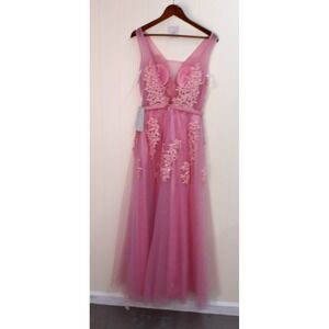 Elegant Pink Formal Dress Floral Appliqués Beading &‎ Sequins Gown Sz 8 /#9222